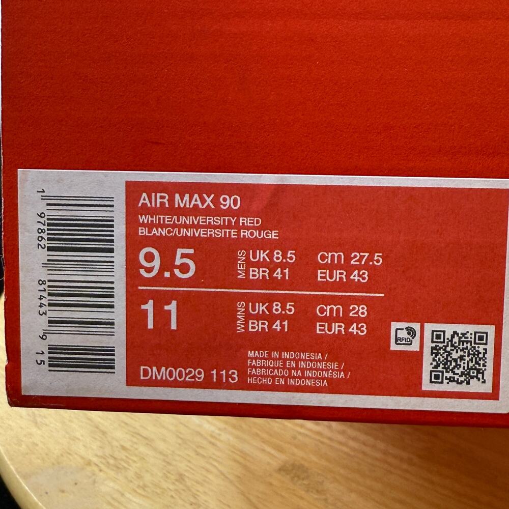 Nike Air Max 90 'White Grey University Red' DM0029-113 Men's Size 9.5 Shoes - Picture 9 of 10